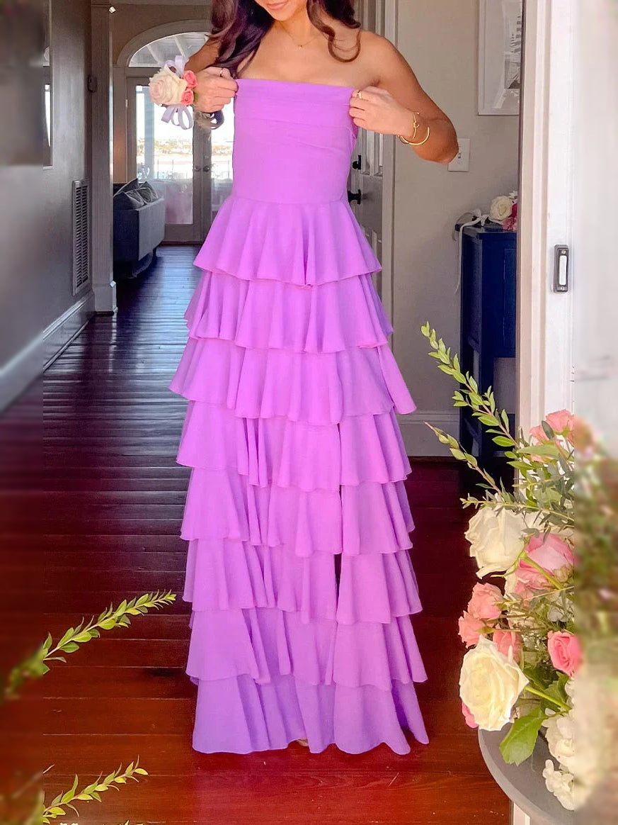 Pink maxi prom dress, alternate view showing the full-length silhouette