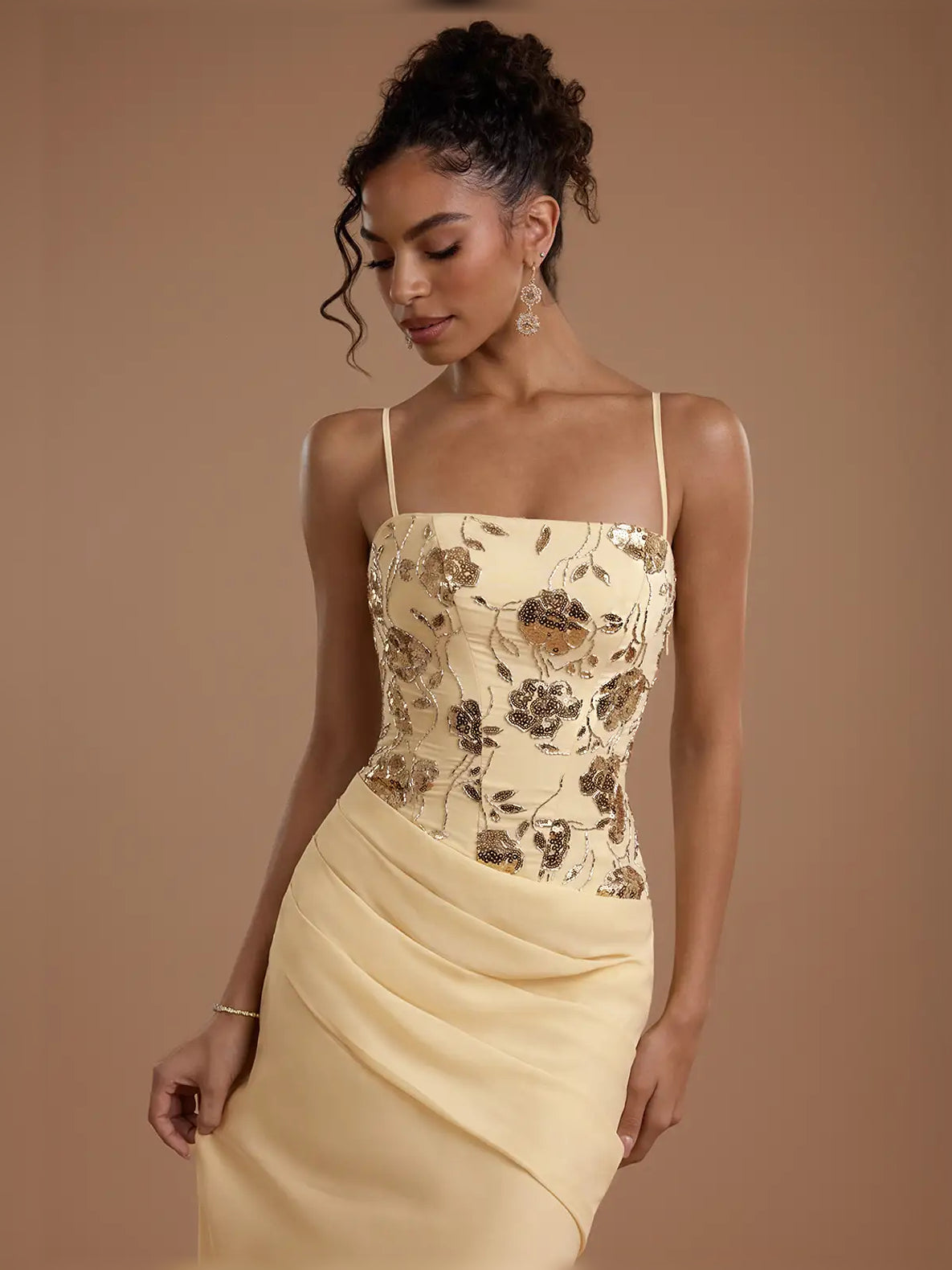Black sheath midi formal dress with ruching, alternate view showing the shoulder line