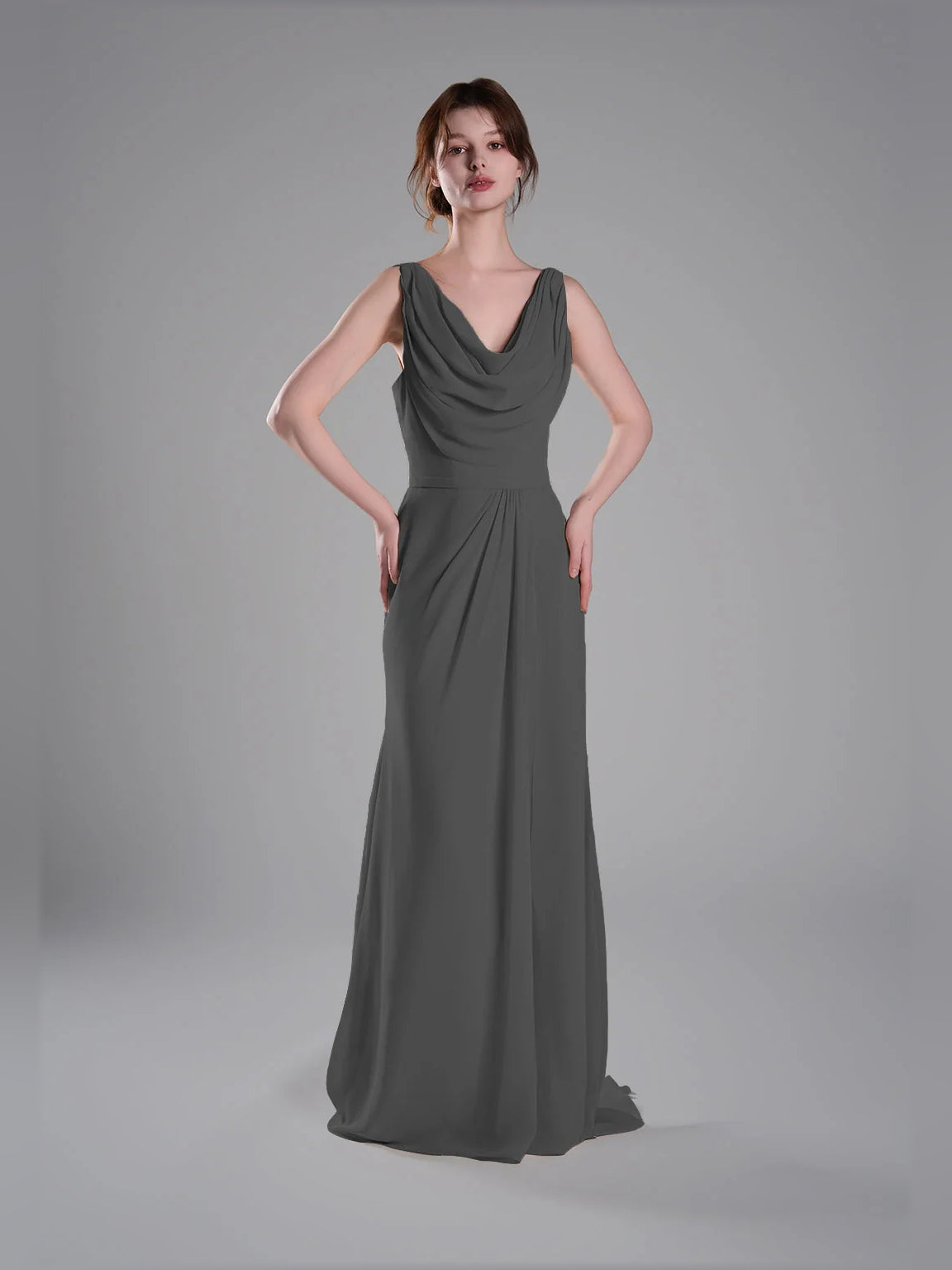 Gray maxi bridesmaid dress, alternate view showing the full-length silhouette