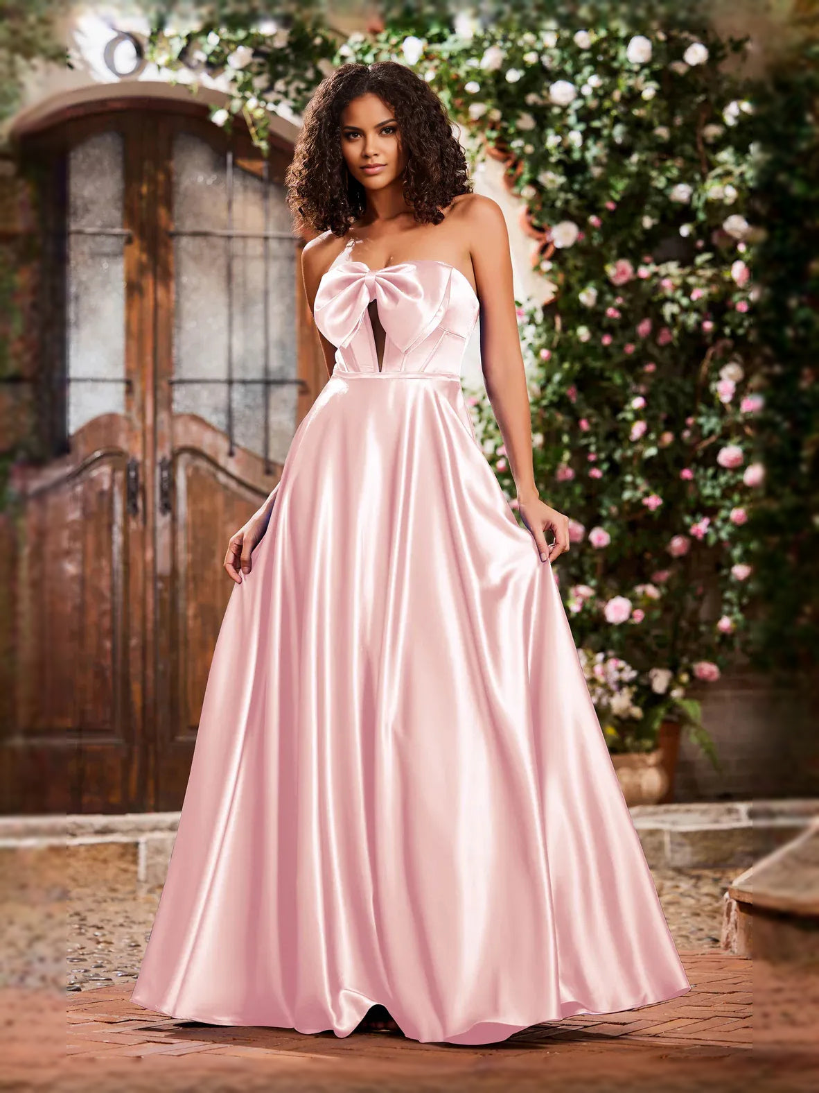Blush Pink maxi prom dress, front view showing the a-line silhouette
