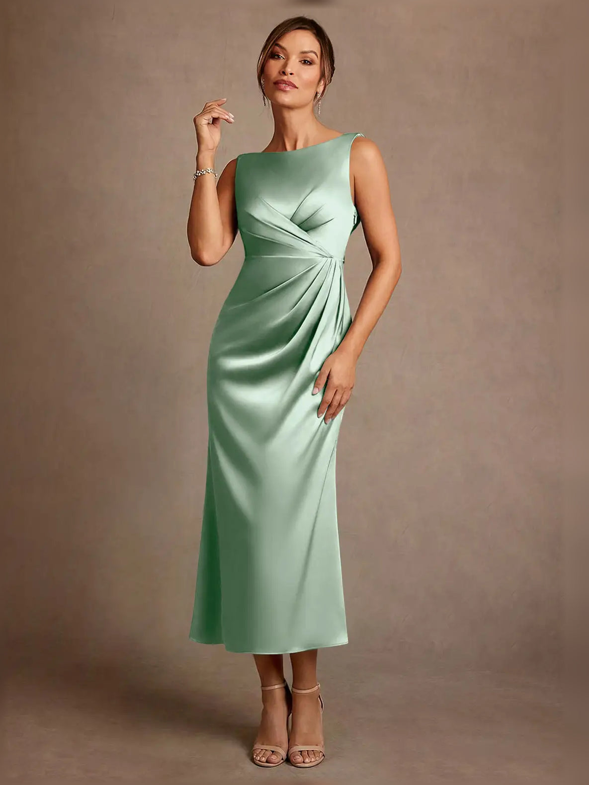 Dusty Sage midi mother of the bride dress, alternate view showing the full-length silhouette