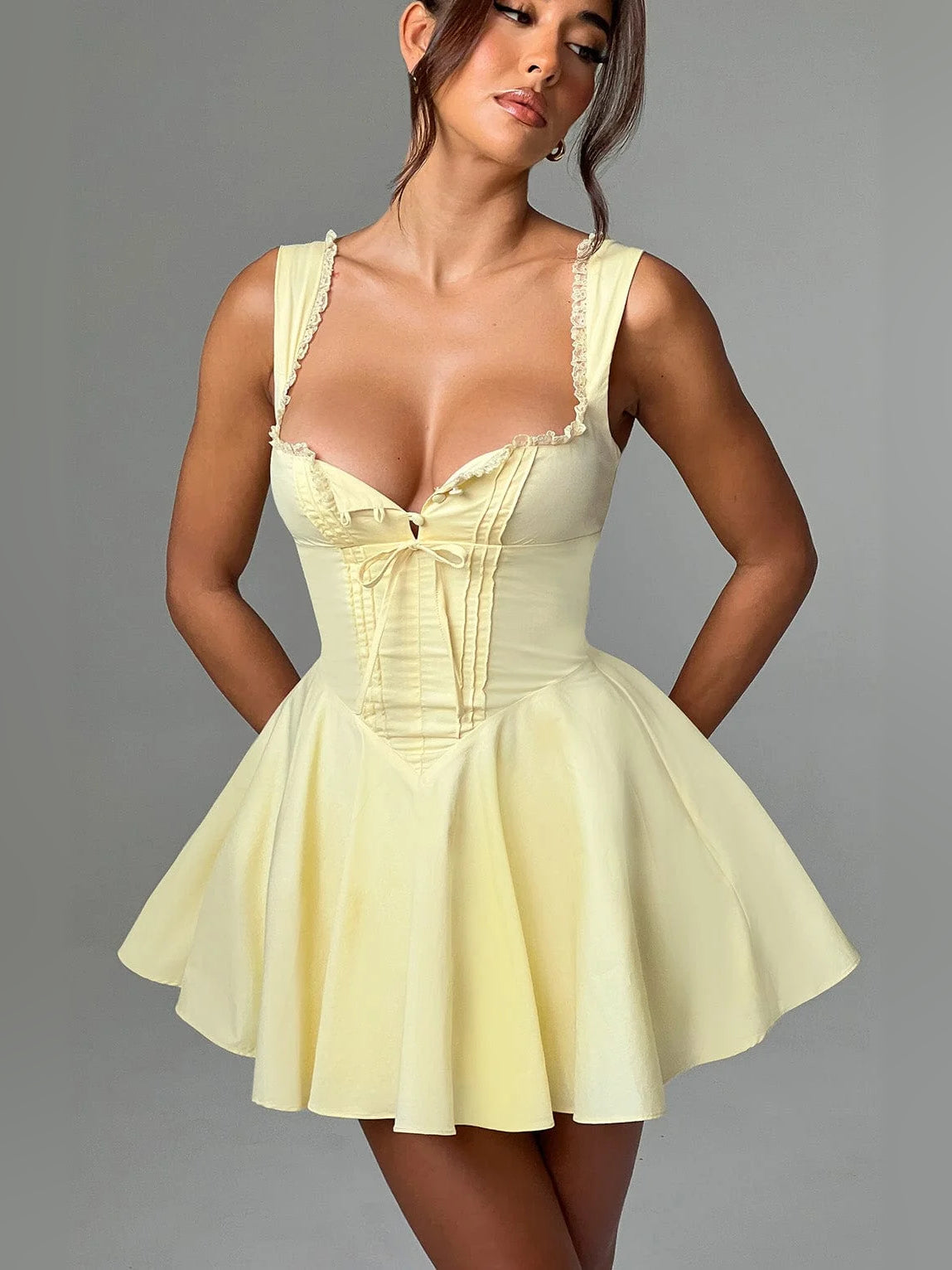 Lemon mini homecoming dress, alternate view showing the full-length silhouette