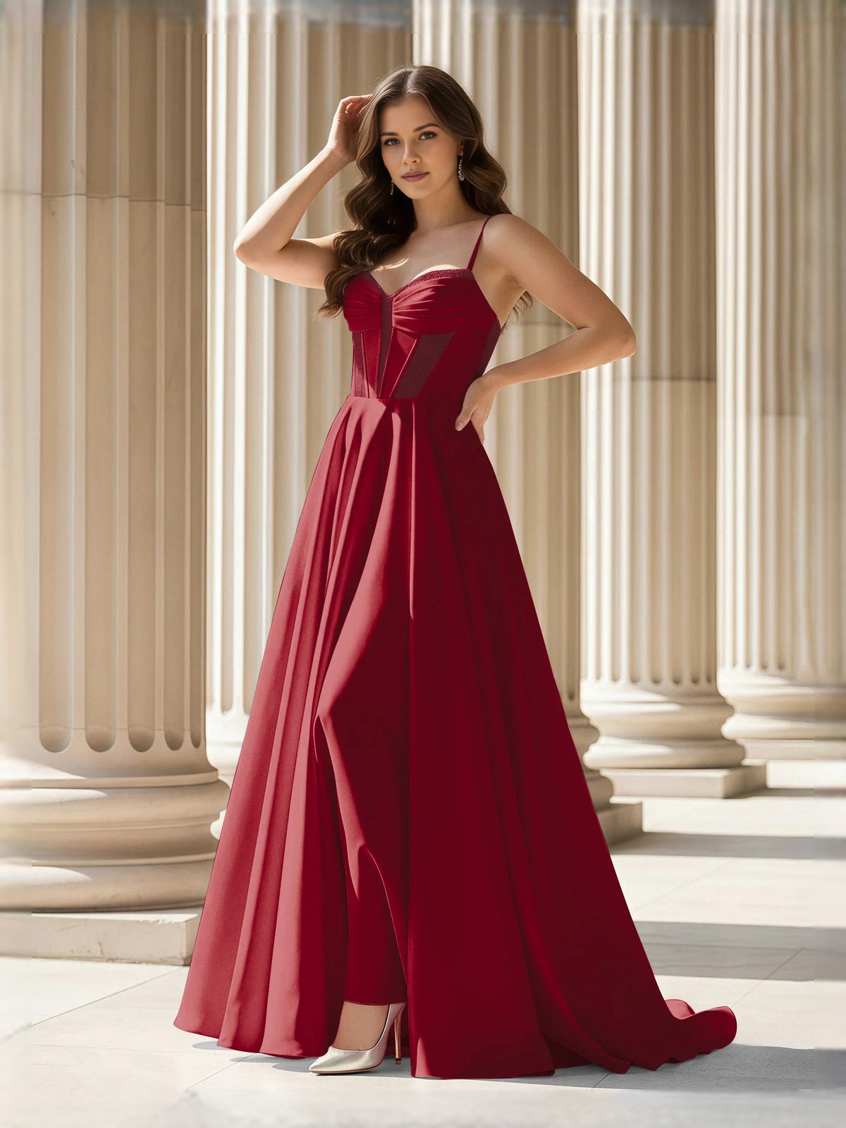 Burgundy floor-length prom dress, alternate view showing the full-length silhouette