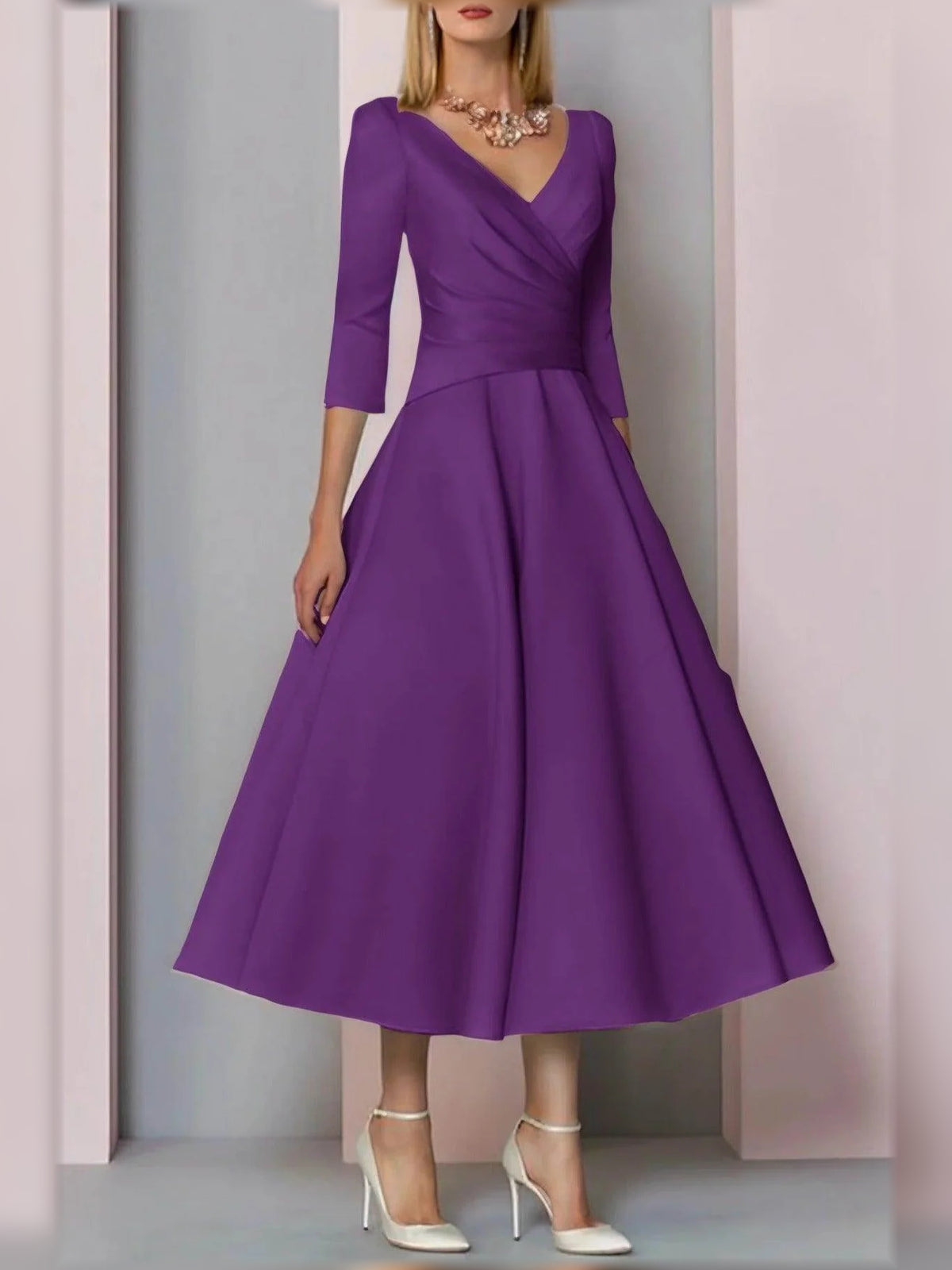 Purple midi mother of the bride dress, alternate view showing the full-length silhouette