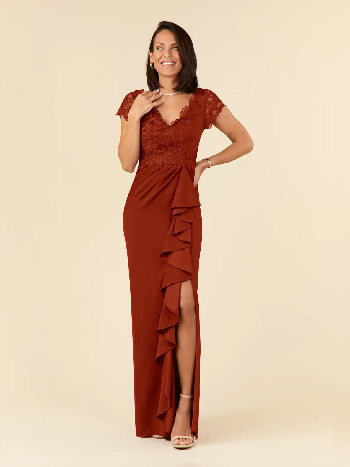 Rust short mother of the bride dress, alternate view showing the full-length silhouette