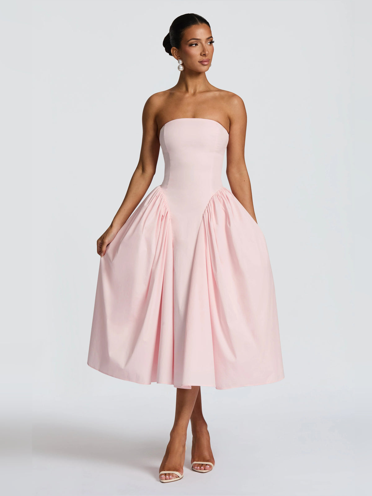 Blush midi formal dress, alternate view showing the shoulder line