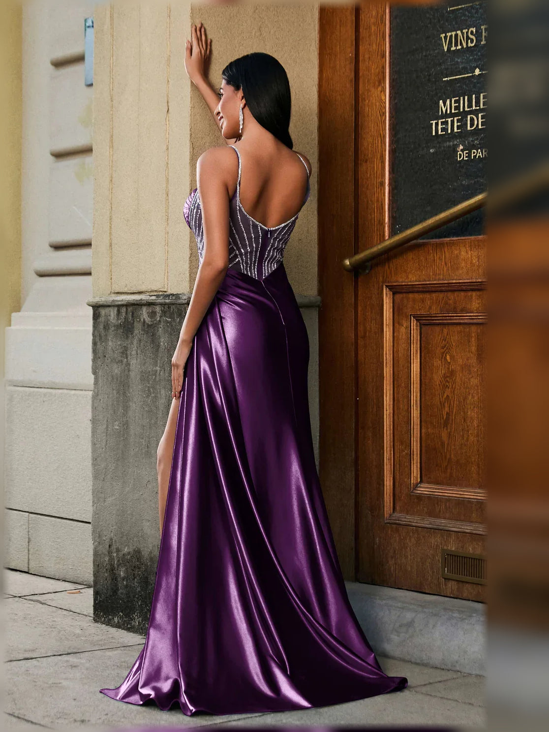 Light Blue mermaid floor-length formal dress with skirt slit, alternate view showing the shoulder line