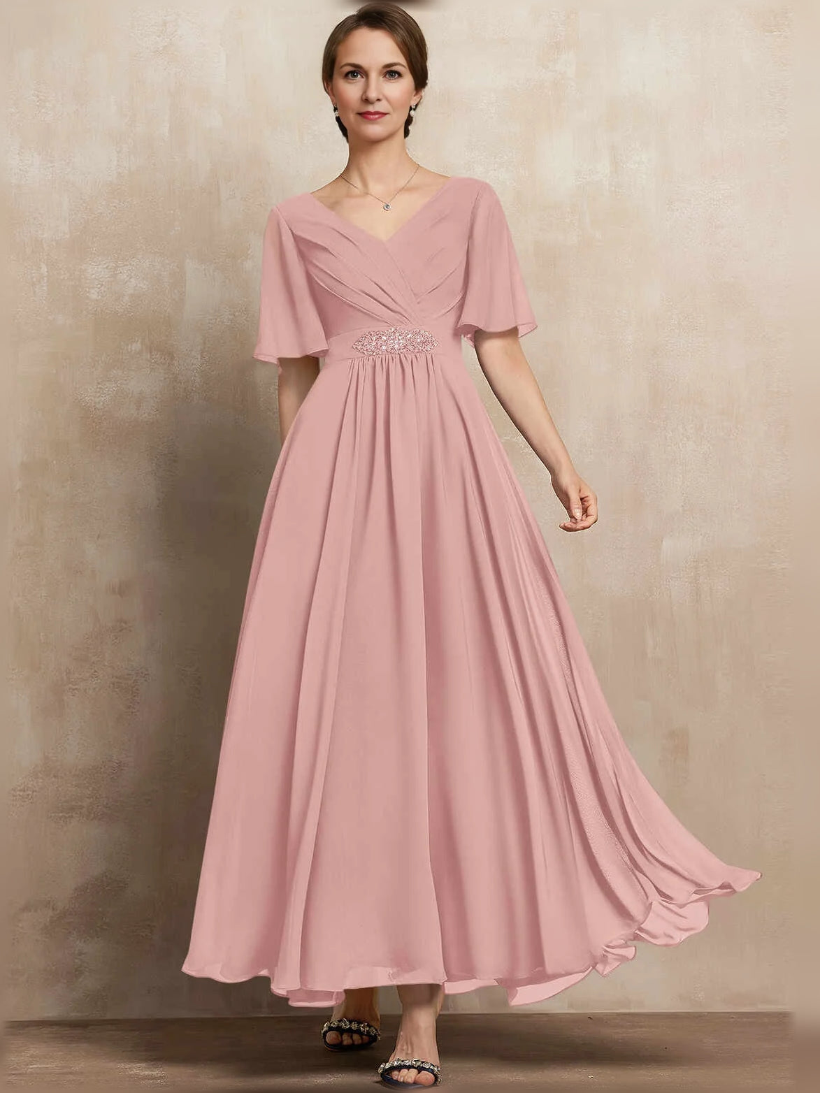 Blush Pink maxi mother of the bride dress, alternate view showing the full-length silhouette