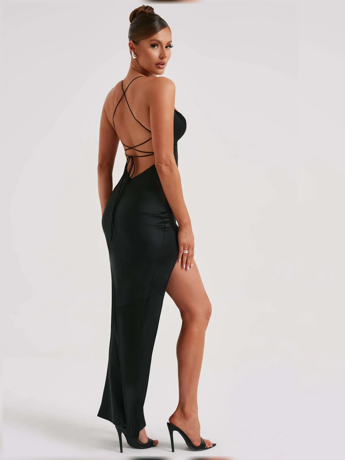 Ink Blue mermaid floor-length formal dress with skirt slit, alternate view showing the shoulder line