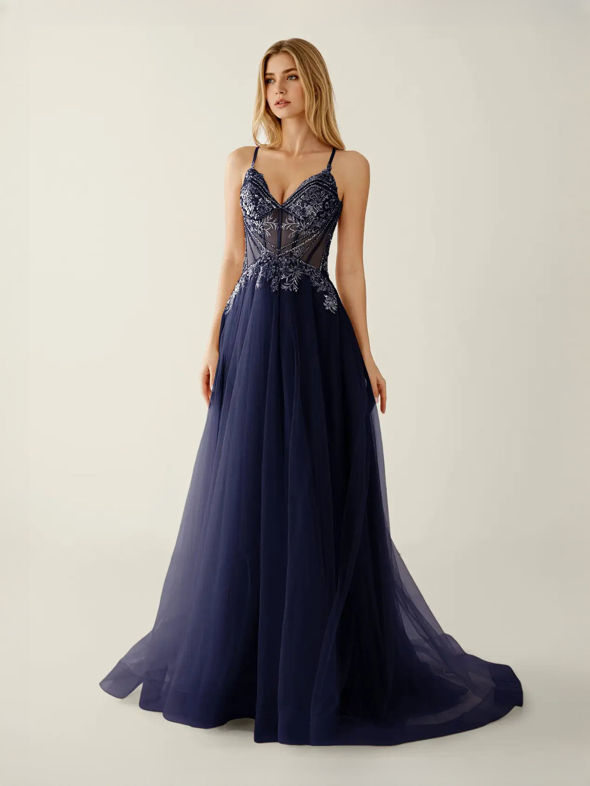Navy Blue floor-length prom dress, back view showing the rear of the dress highlighting the overall dress