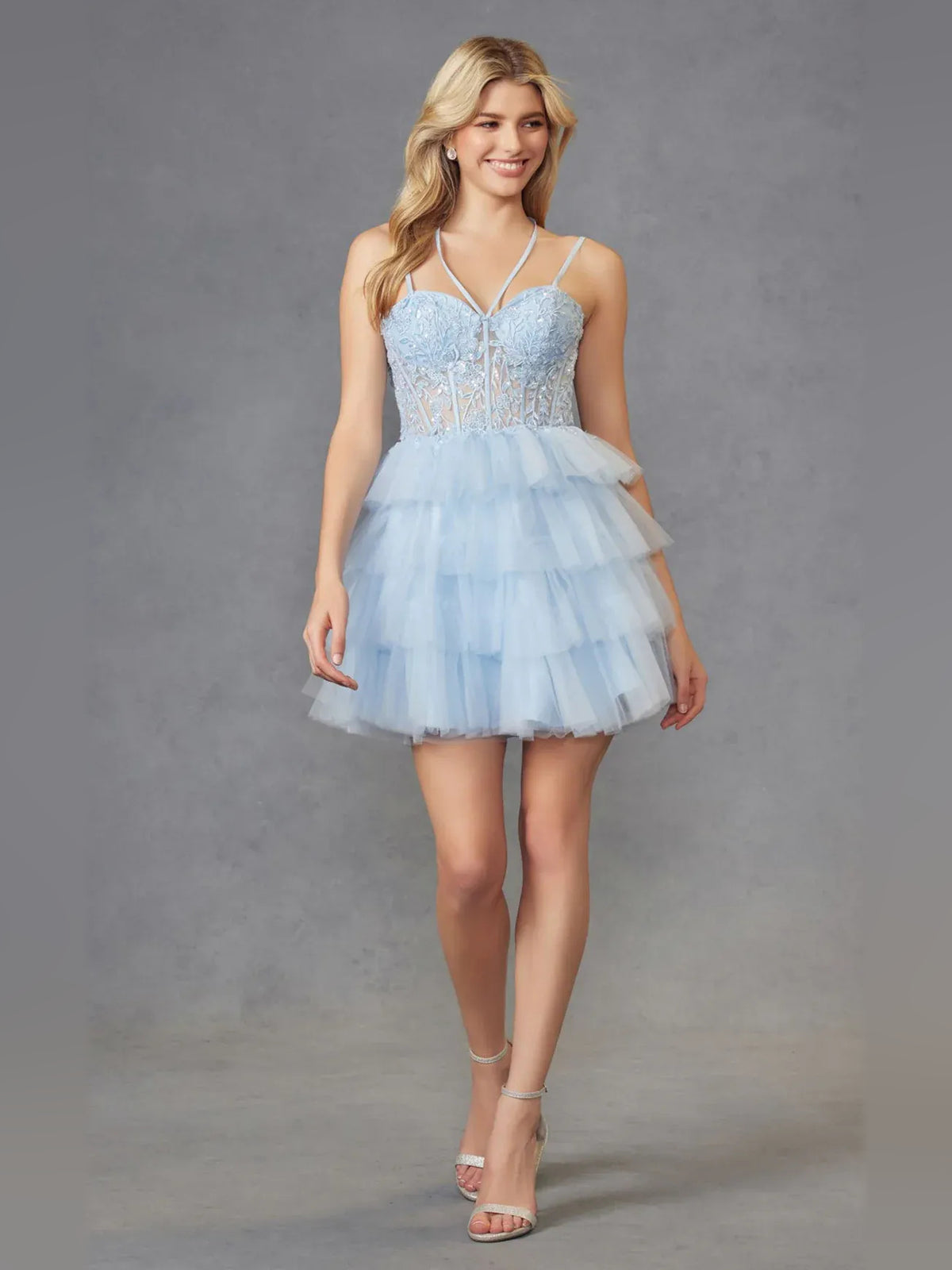 Dusty Rose short homecoming dress, alternate view showing the full-length silhouette from another angle