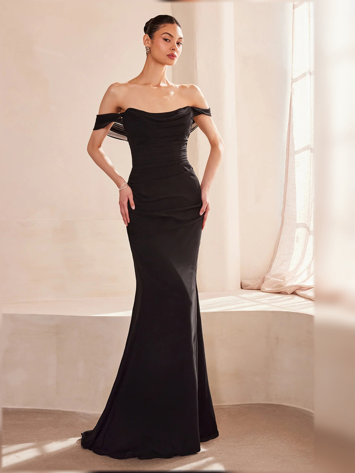 Black mermaid floor-length formal dress with ruching, alternate view