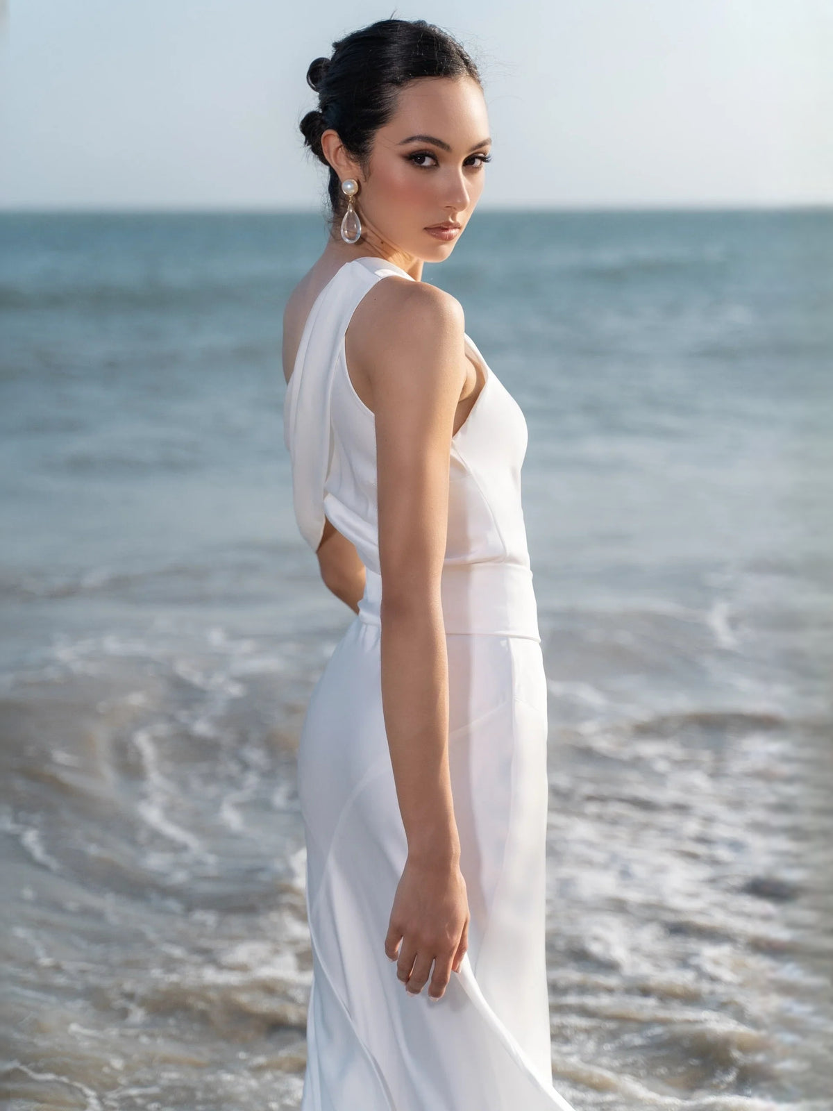 White midi wedding dress, alternate view showing the full-length silhouette