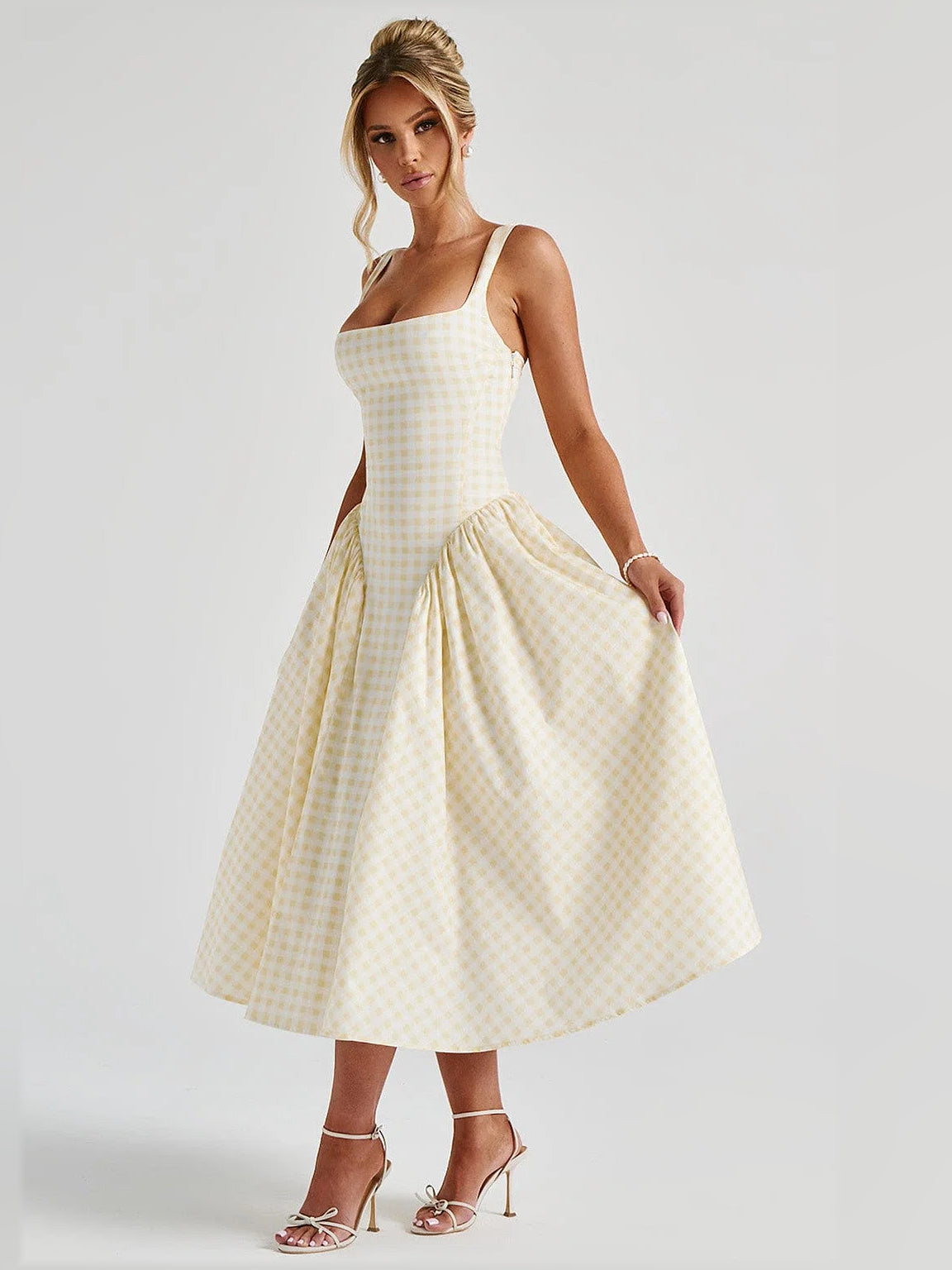 Lemon Gingham midi formal dress, alternate view showing the shoulder line