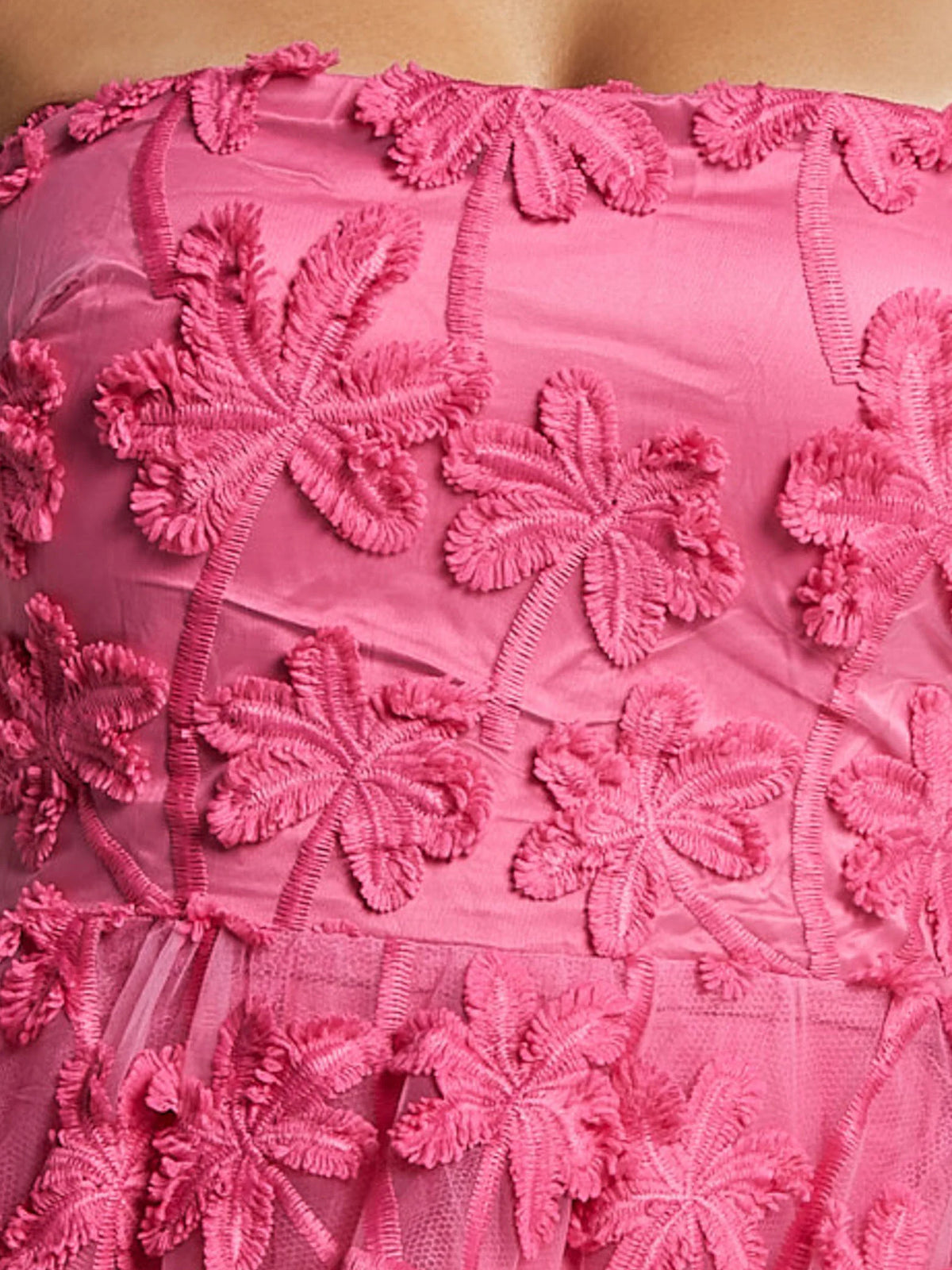 Pink midi formal dress with embroidery, alternate view showing the shoulder line