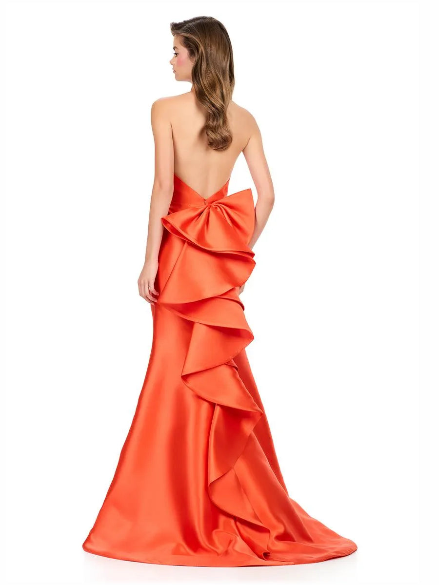 Red a-line floor-length formal dress with draping, alternate view showing the shoulder line