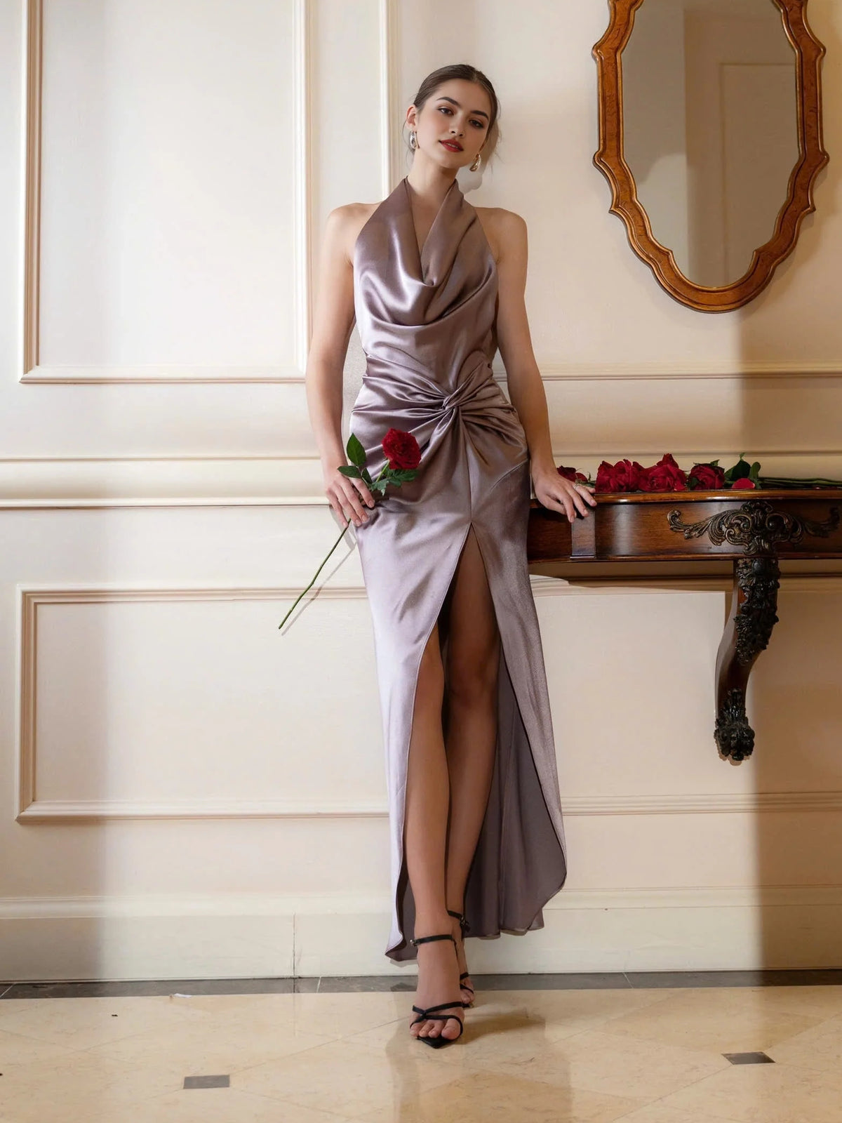 Ivory white maxi prom dress, alternate view showing the full-length silhouette