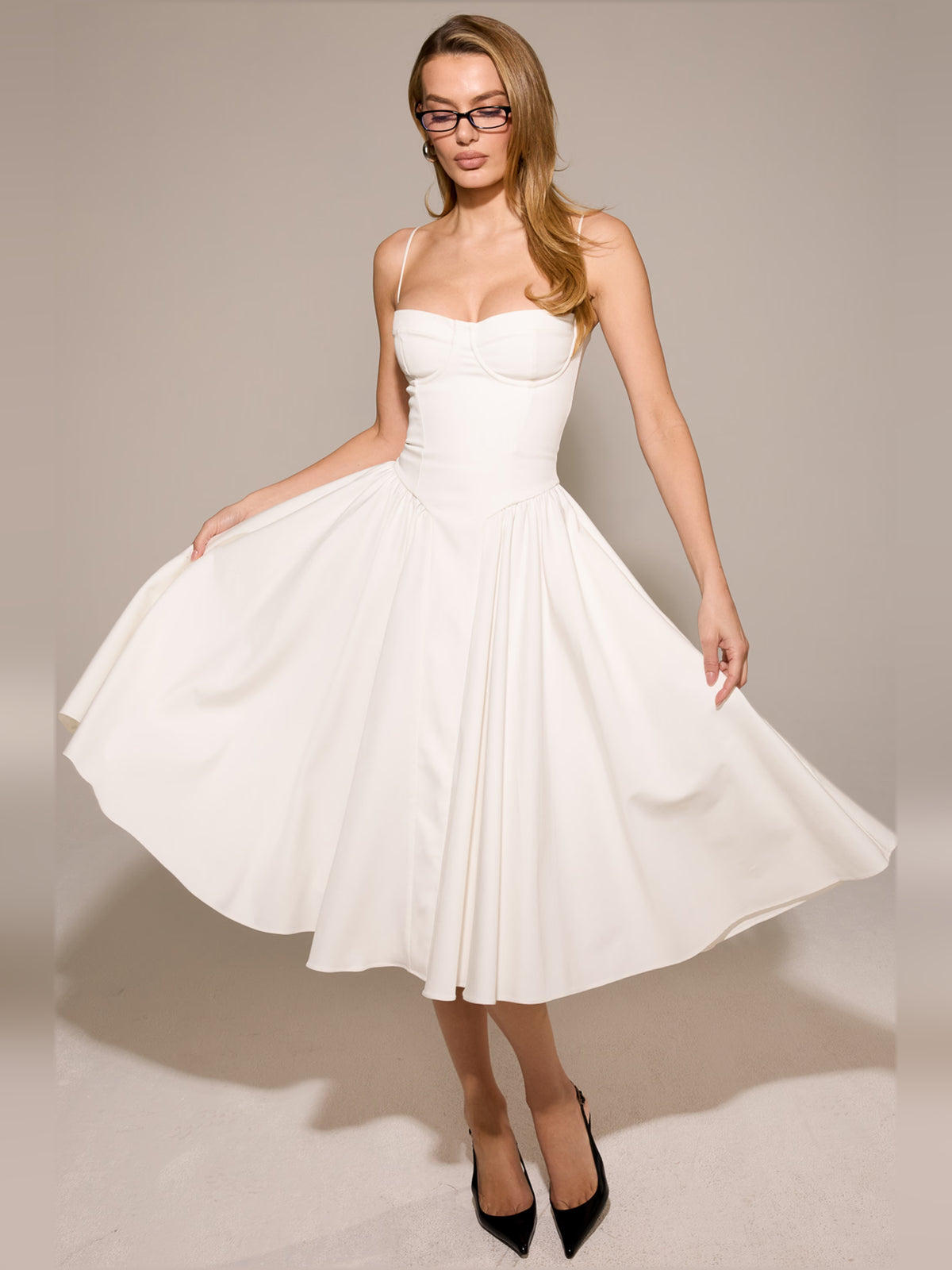 White midi formal dress with corset-style bodice, alternate view showing the shoulder line
