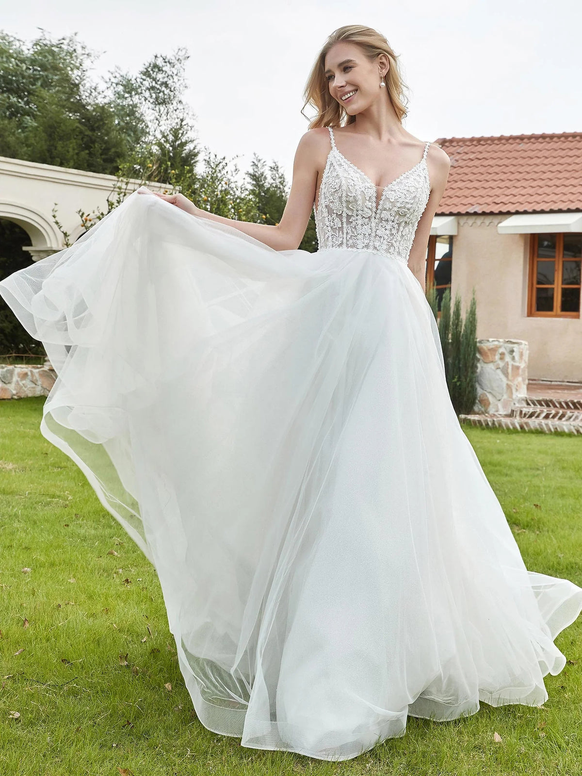 Ivory floor-length wedding dress, alternate view showing the full-length silhouette