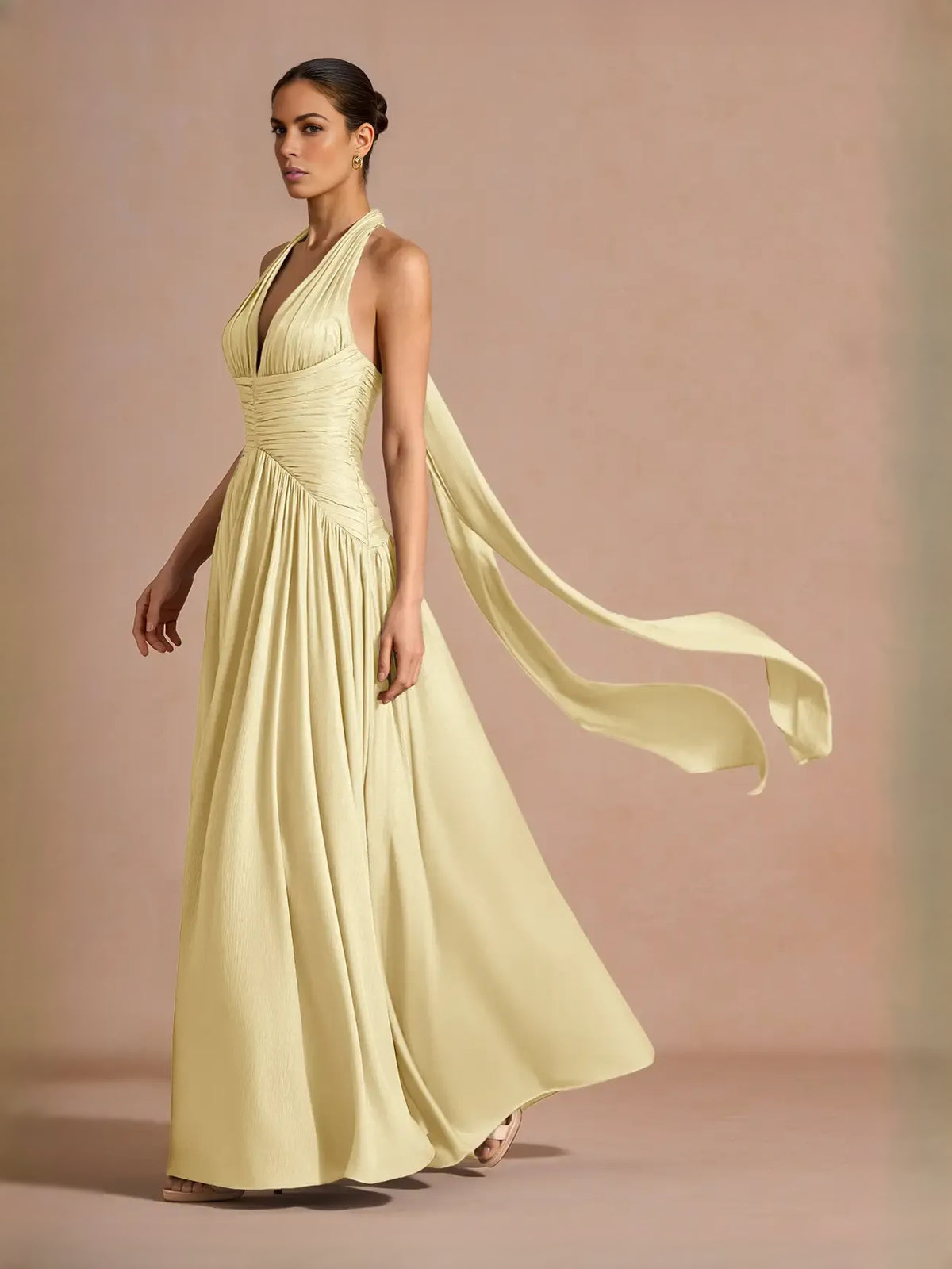Pale Lemon maxi prom dress, alternate view showing the full-length silhouette