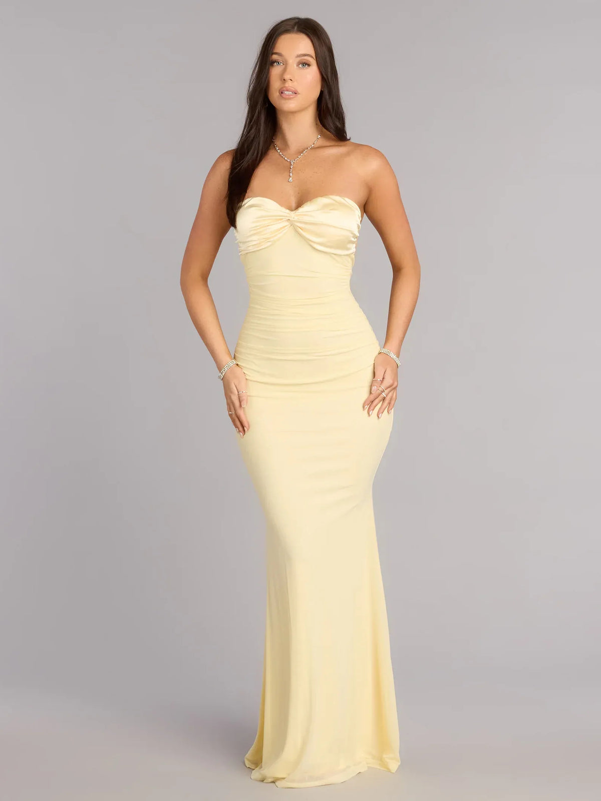 Yellow mermaid floor-length formal dress with ruching, alternate view