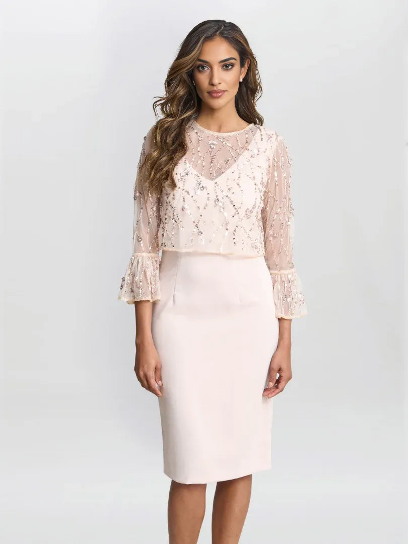 Light Pink knee-length mother of the bride dress, alternate view showing the full-length silhouette