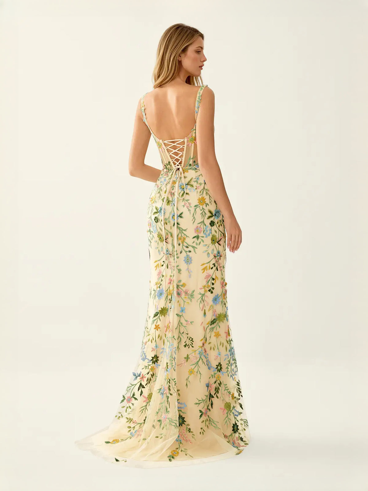 Dusty Blue maxi prom dress, alternate view showing the full-length silhouette