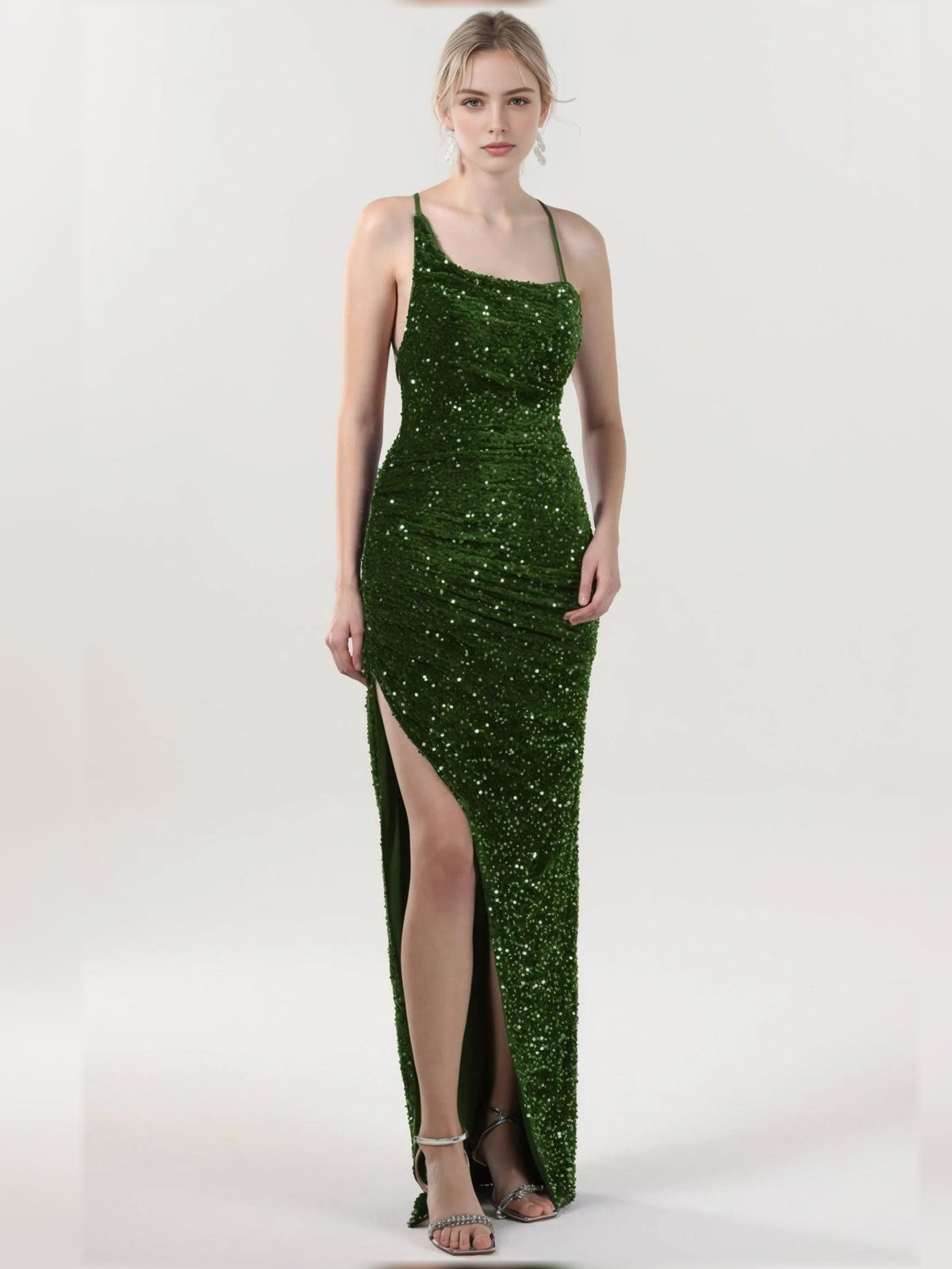 Moss sheath floor-length formal dress with ruching, alternate view