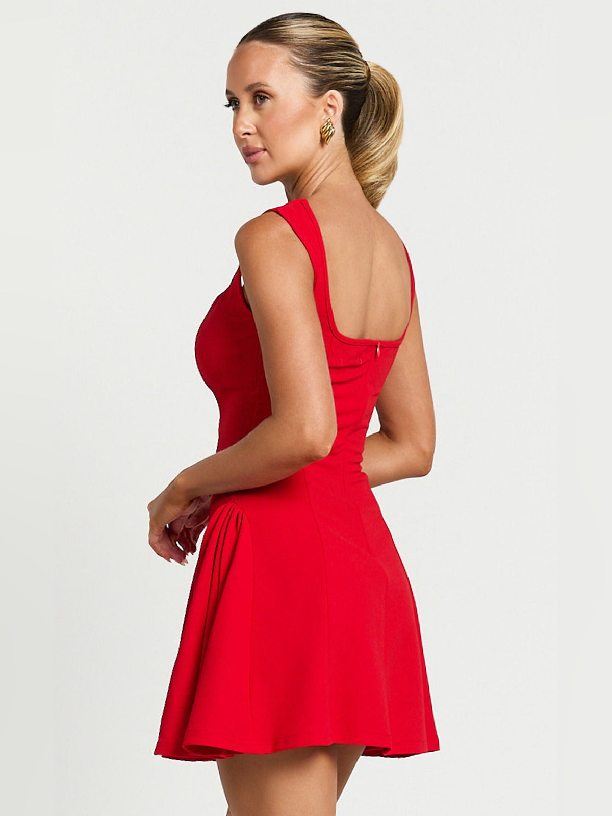 Red mini homecoming dress, alternate view showing the full-length silhouette