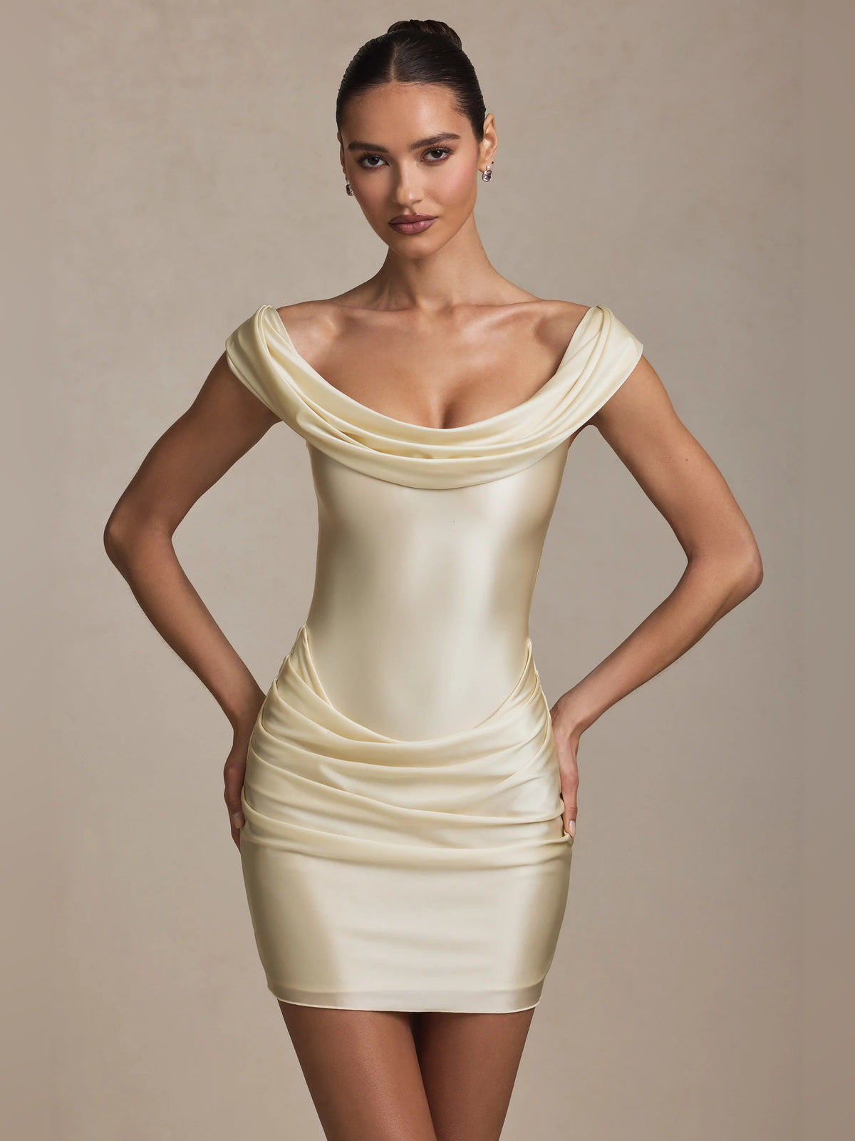 Ivory mini homecoming dress, alternate view showing the full-length silhouette