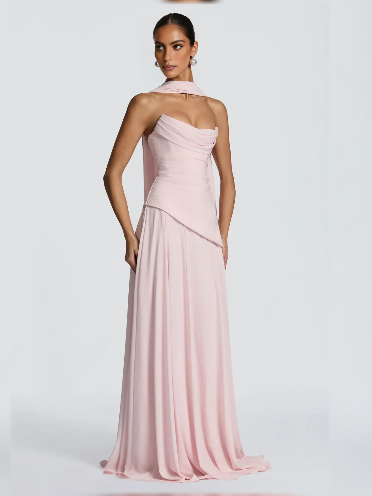 Dusty Sage a-line floor-length formal dress with draping, alternate view showing the shoulder line