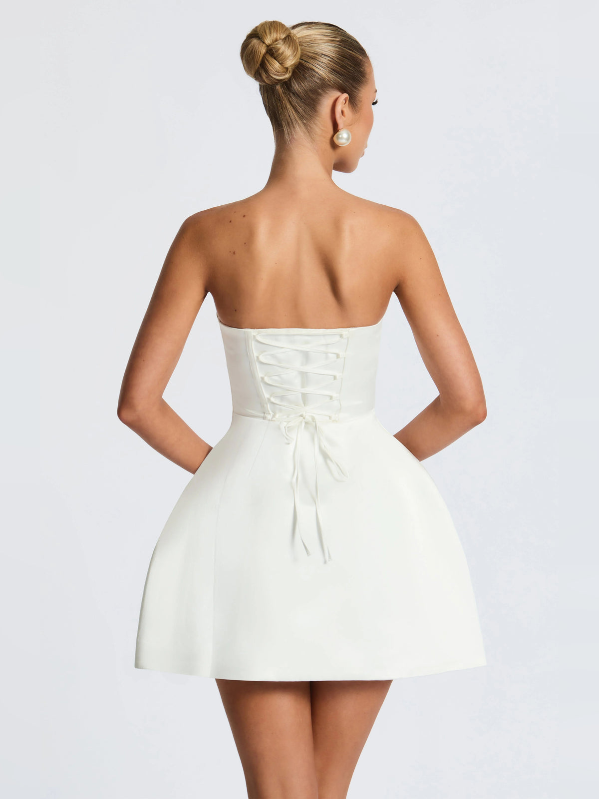Ivory mini homecoming dress, alternate view showing the full-length silhouette