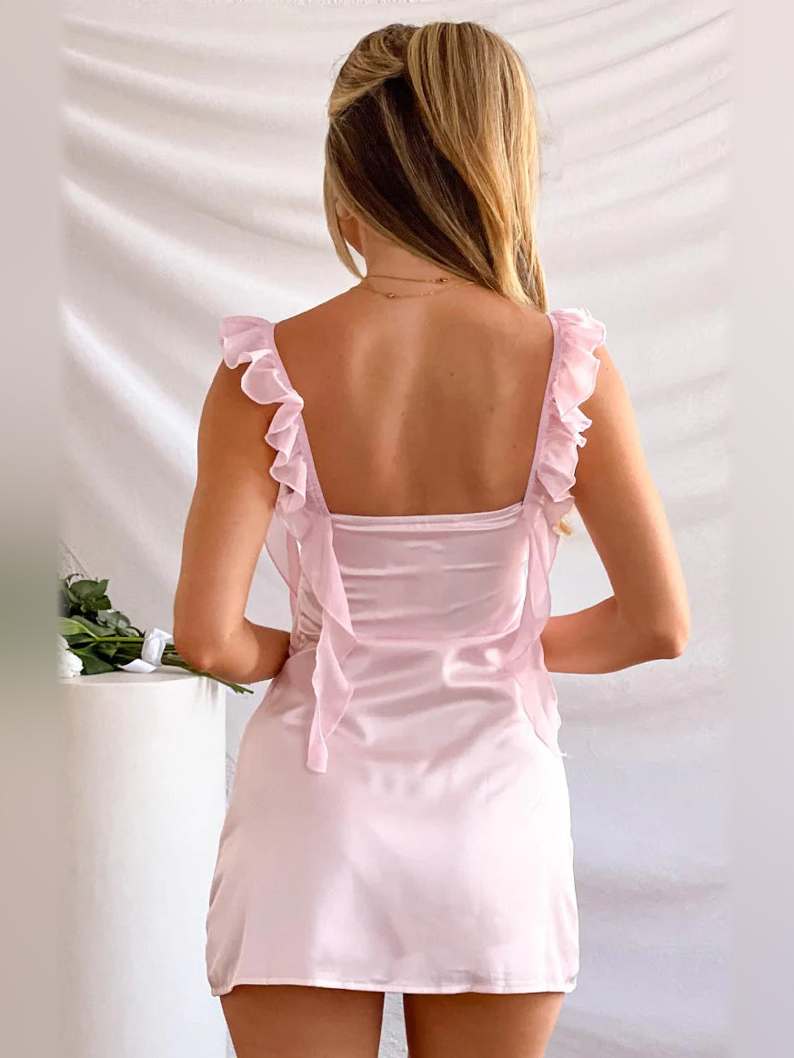 Pink mini homecoming dress, alternate view showing the full-length silhouette
