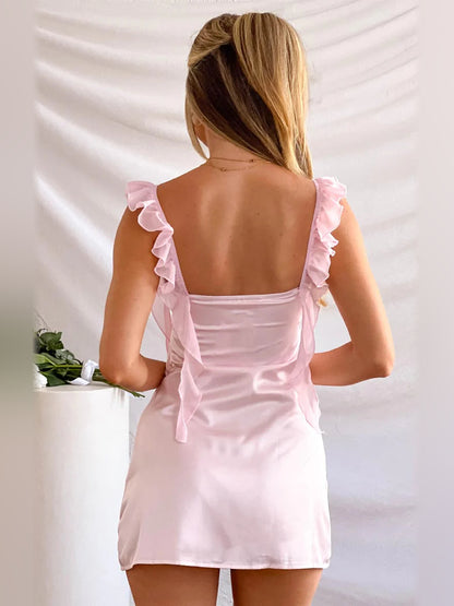 Pink mini homecoming dress, alternate view showing the full-length silhouette