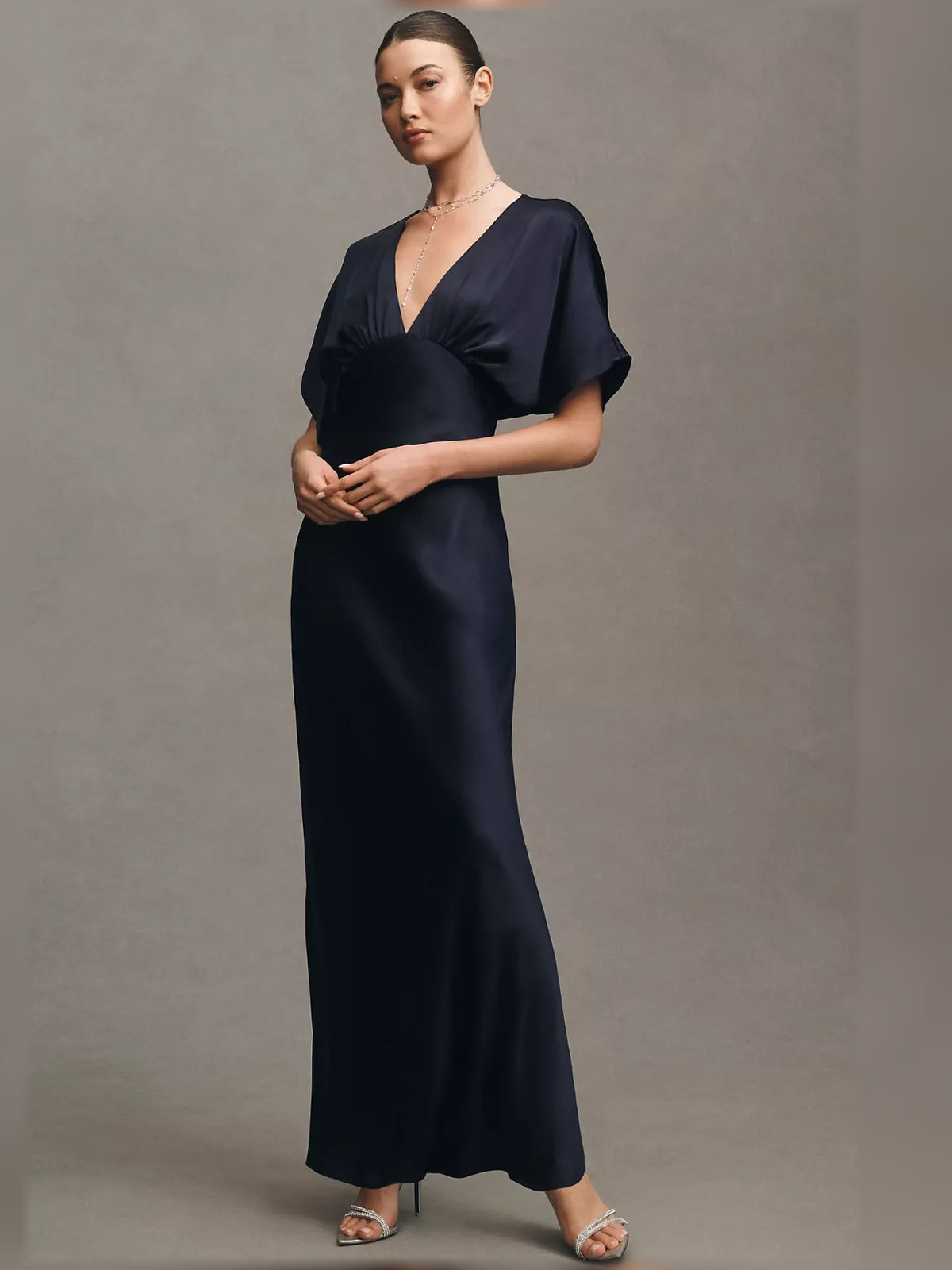 Dark Navy maxi bridesmaid dress, alternate view showing the full-length silhouette