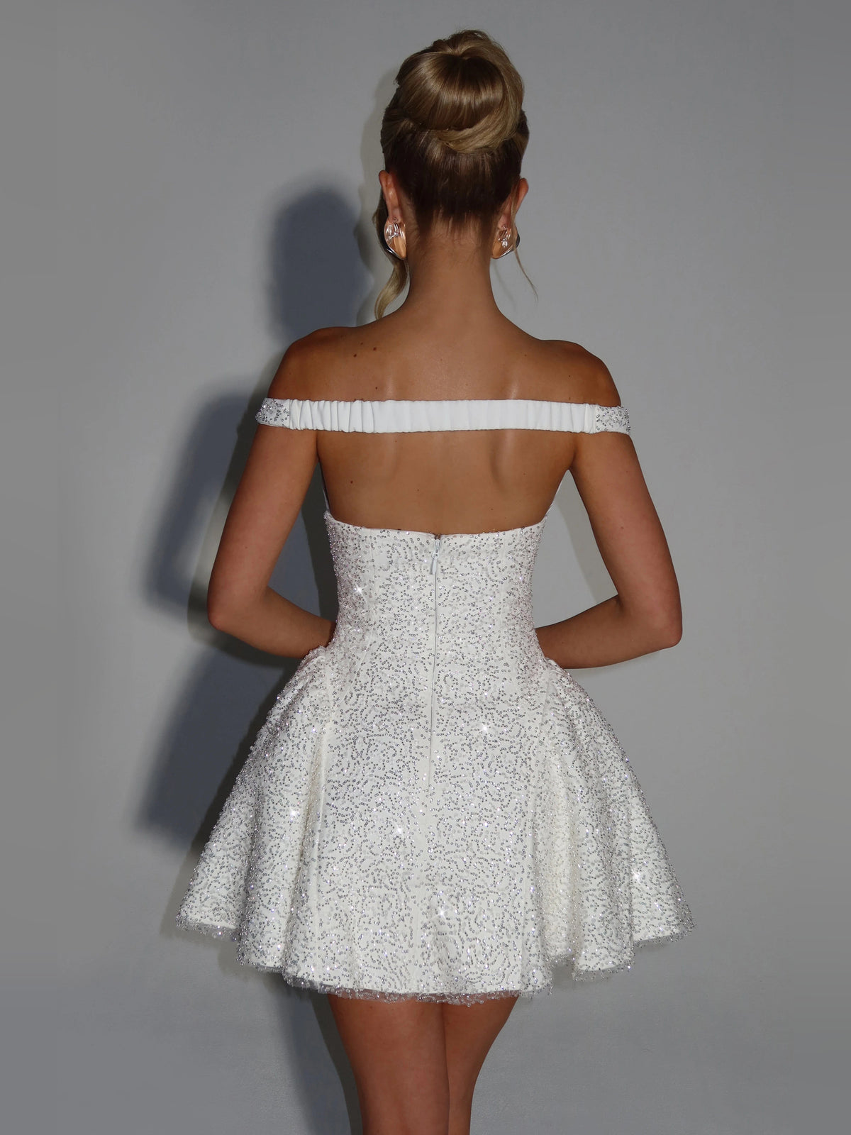 Ivory mini homecoming dress, alternate view showing the full-length silhouette