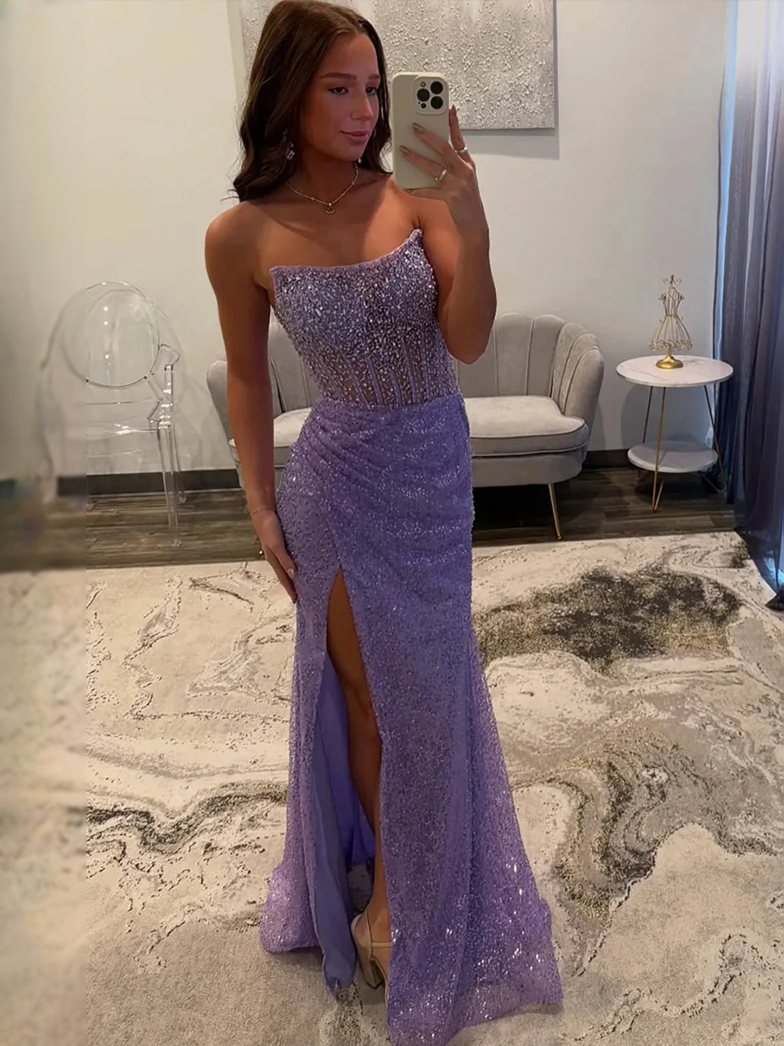 Lavender maxi prom dress, alternate view showing the full-length silhouette