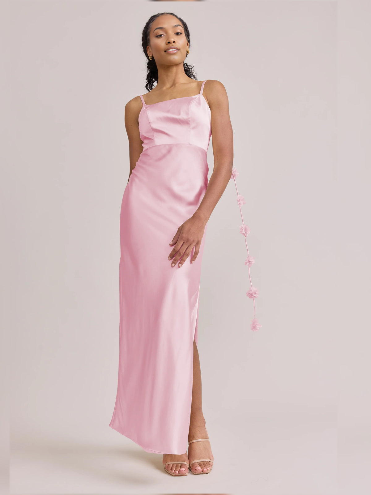 Pink maxi bridesmaid dress, alternate view showing the full-length silhouette