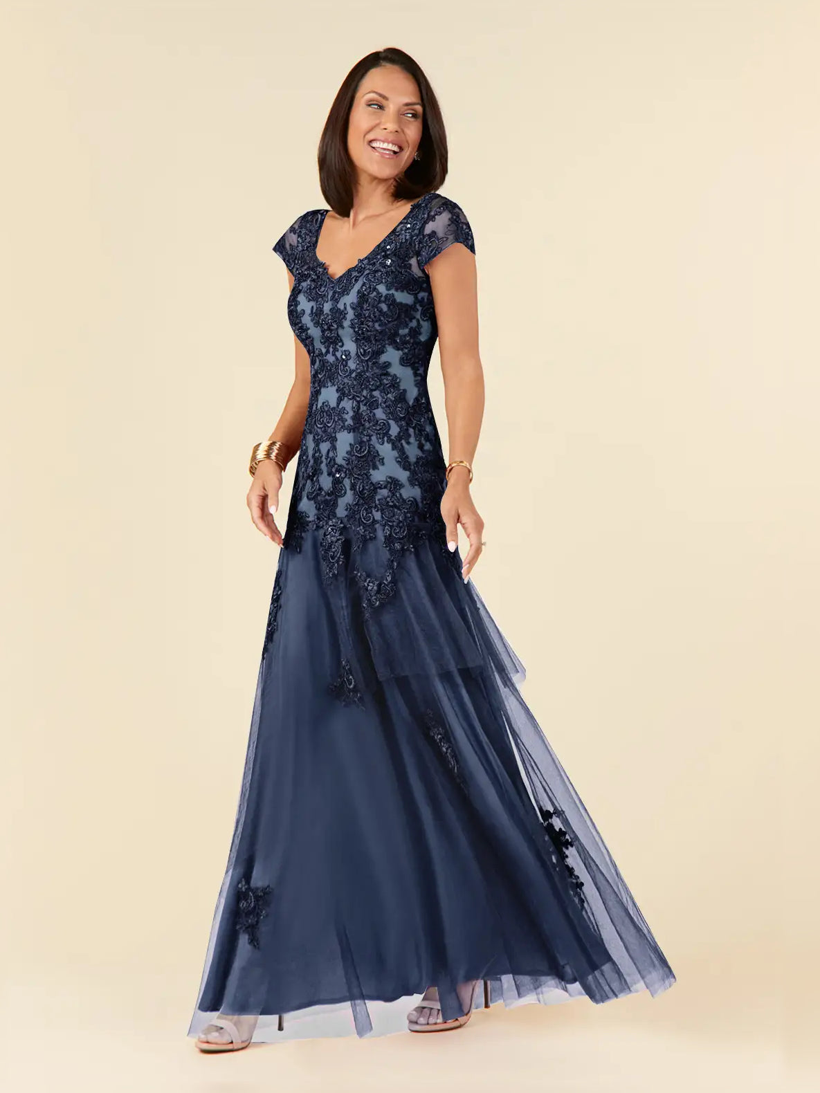 Dark Navy floor-length mother of the bride dress, alternate view showing the full-length silhouette