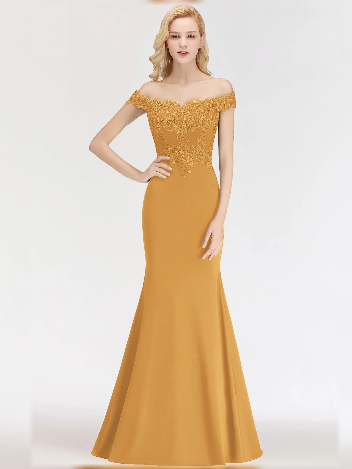 Gold floor-length bridesmaid dress, alternate view showing the full-length silhouette