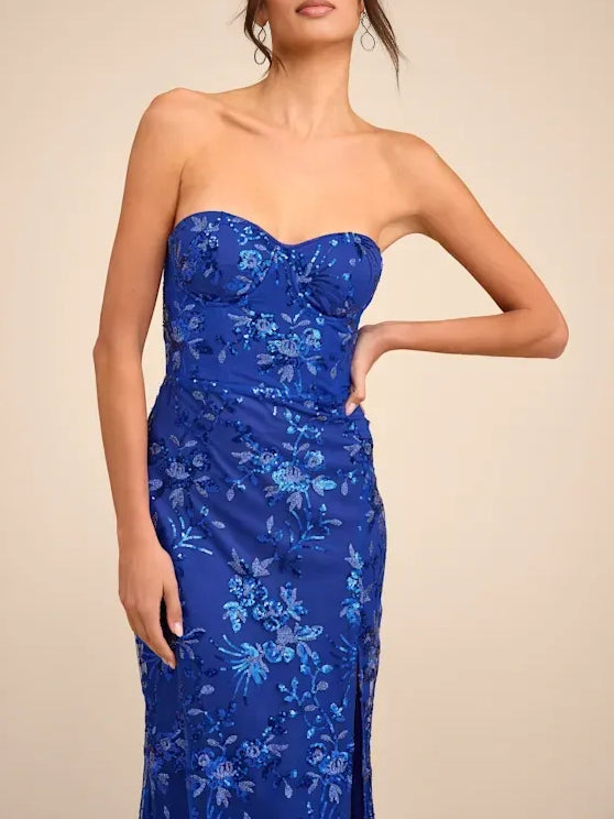 Cobalt Blue maxi prom dress, close view of the dress design