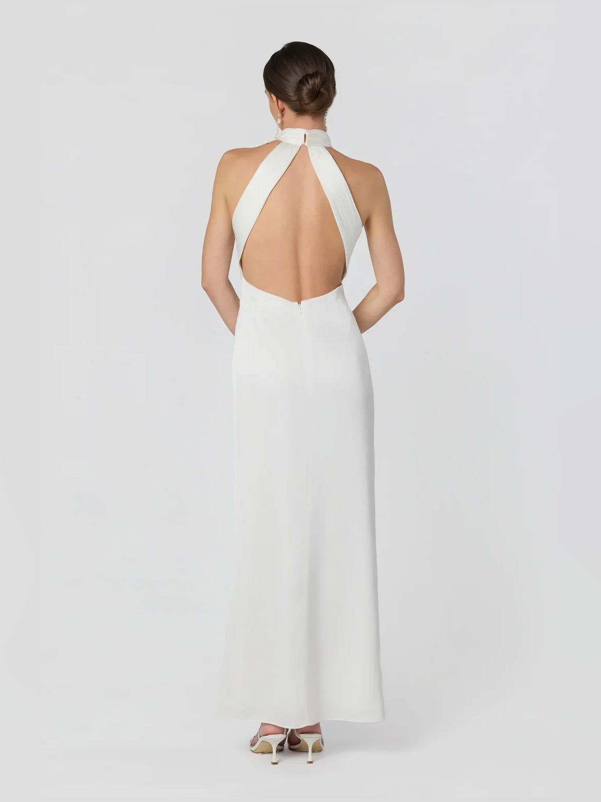 Dusty Sage sheath floor-length formal dress with skirt slit, alternate view showing the shoulder line