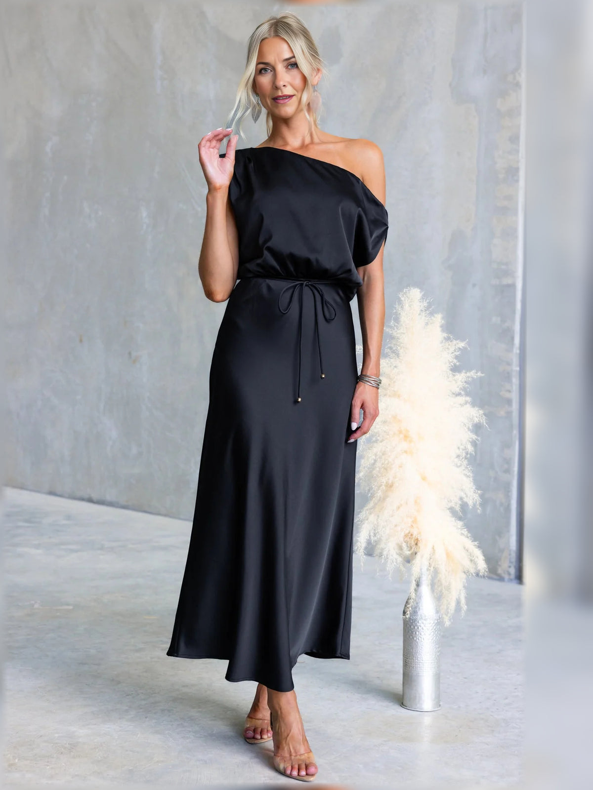 Black ankle-length bridesmaid dress, alternate view showing the full-length silhouette