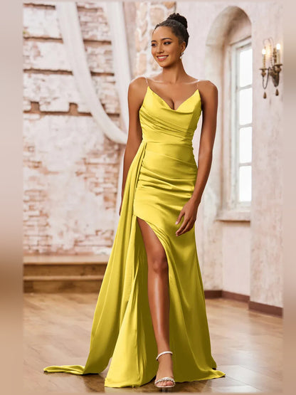 Marigold mermaid floor-length formal dress with ruching, alternate view