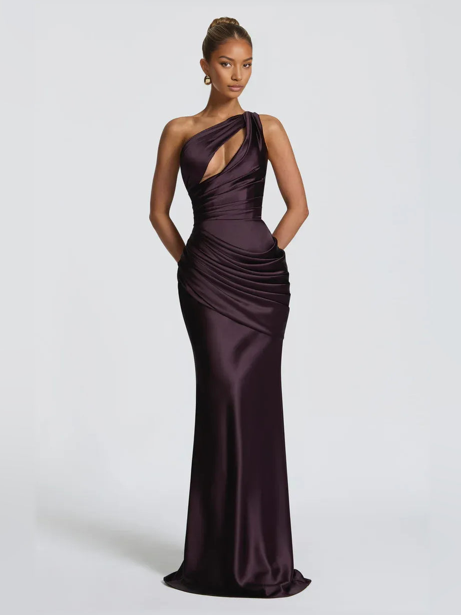 Plum a-line floor-length formal dress with draping, alternate view