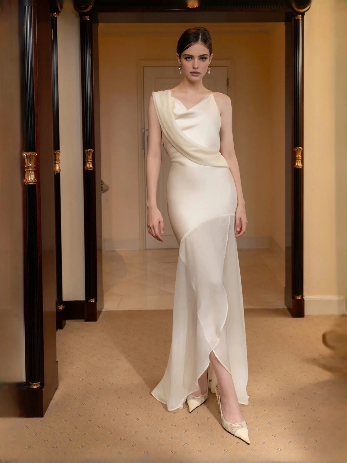 Champagne maxi prom dress, alternate view showing the full-length silhouette