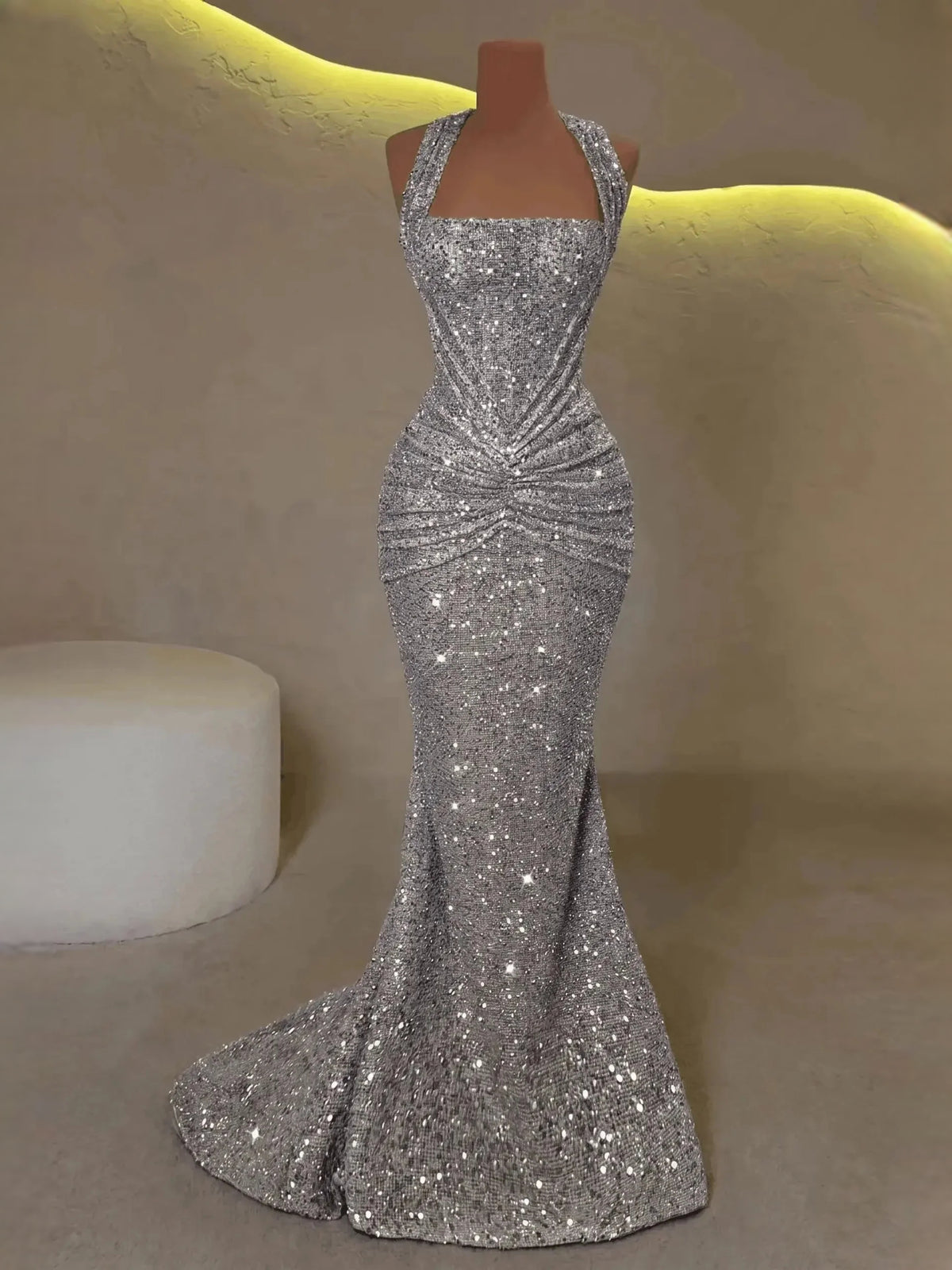 Silver floor-length prom dress, alternate view showing the full-length silhouette