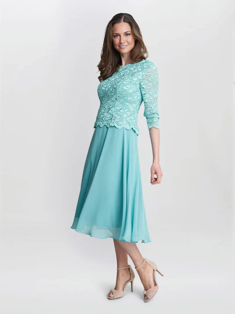 Dusty Pink midi mother of the bride dress, alternate view showing the full-length silhouette