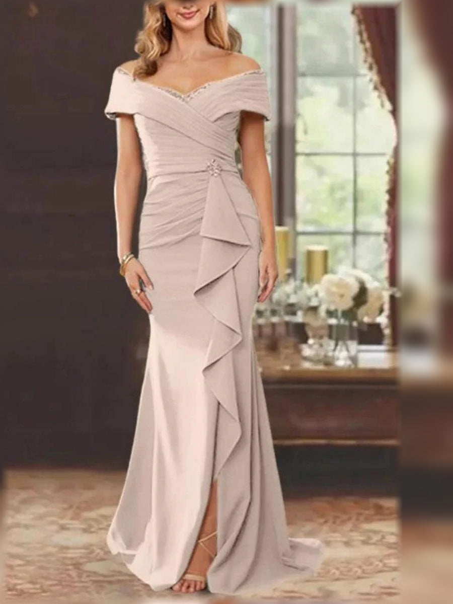 Peach floor-length mother of the bride dress, alternate view showing the full-length silhouette