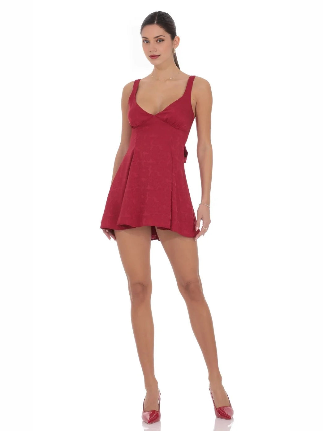 Red mini homecoming dress, alternate view showing the full-length silhouette